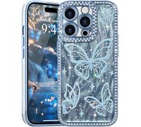 L-FADNUT Glitter Case for iPhone 14 Pro Max, Lovely Butterfly Pattern Bling Diamond Phone Case, Camera Protection Sparkly Slim Soft Silicone Back Cover for Women Girls for iPhone 14 Pro Max, Blue