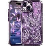 L-FADNUT Glitter Case for iPhone 15 Plus/14 Plus, Lovely Butterfly Pattern Bling Diamond Phone Case,Camera Protection Sparkly Slim Soft Silicone Back Cover for Women Girls for iPhone 15/14 Plus,Purple