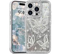 L-FADNUT Glitter Case for iPhone 15 Pro Max, Lovely Butterfly Pattern Bling Diamond Phone Case, Camera Protection Sparkly Slim Soft Silicone Back Cover for Women Girls for iPhone 15 Pro Max, Silver