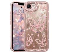 L-FADNUT Glitter Case for iPhone 16e/iPhone 17e, Lovely Butterfly Pattern Bling Diamond Phone Case, Camera Protection Sparkly Slim Soft Silicone Back Cover for Women Girls for iPhone 16e/17e, Pink