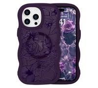 L-FADNUT Magnetic for iPhone 14 Pro Max Case Flower, Compatible with Magsafe Rose Pattern Phone Case, Curly Wavy Frame Girly Floral Translucent Matte Back Anti-scratch Protective Cover, Dark Purple