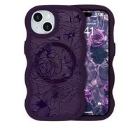 L-FADNUT Magnetic for iPhone 15 Case Flower, Compatible with Magsafe Rose Pattern Phone Case, Curly Wavy Frame Girly Floral Translucent Matte Back Anti-scratch Protective Cover, Dark Purple