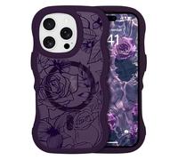 L-FADNUT Magnetic for iPhone 16 Pro Max Case Flower, Compatible with Magsafe Rose Pattern Phone Case, Curly Wavy Frame Girly Floral Translucent Matte Back Anti-scratch Protective Cover, Dark Purple