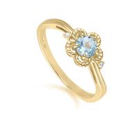 (L) Floral Round Blue Topaz & Diamond Ring in 9ct Yellow Gold