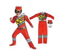 (L (for 130-140cm)) Dinosaur Team Red Power Dino Charge Ranger Superhero Muscle Jumpsuits Suits Cosplay Halloween Costume For Kids Child Headgear