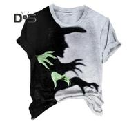 (L, grey) Women T-shirt Halloween Witch Shadow Print Casual Tee Round Neck Short Sleeve Spooky Witch Loose Fit Pullover Tops Daily Wear
