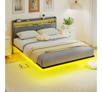 (L) HOMCOM Floating Bed Frame with RGB Lights, Upholstered Single Size Bed, Grey