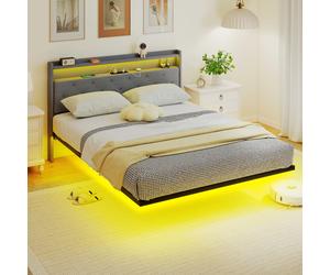 (L) HOMCOM Floating Bed Frame with RGB Lights, Upholstered Single Size Bed, Grey