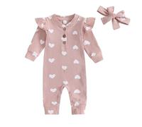 L&ieserram Baby Girl Valentine's Day 2Pcs Heart Print Bodysuit Set Long Flying Sleeve Bodysuit + Bowknot Headband Set 0-18Months (Pink, 12-18 Months)
