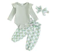 L&ieserram Baby Girls 3Pcs Outfits Long Sleeve Bodysuit Top Flower Print Pants Headband Spring Fall Set (Light Green, 3-6 Months)