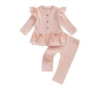 L&ieserram Baby Girls Cute 2Pcs Outfit Set Lace Ribbed Ruffle Long Sleeve Top Elastic Pants Clothes Set (Pink, 2-3 Years)