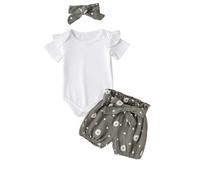 L&ieserram Baby Girls Little Daisy Print Outfits Short Sleeve Bodysuit Top Belted Pants Headband 3Pcs Summer Set (Forest Green, 3-6 Months)