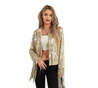 L&ieserram Women's Sequin Tassel Jacket Long Sleeve Open Front Sparkly Glitter Blazer Clubwear (Golden, XL)
