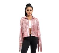 L&ieserram Women's Sequin Tassel Jacket Long Sleeve Open Front Sparkly Glitter Blazer Clubwear (Rose Red, XXL)