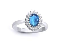 (L) Jewelco London 9ct White Gold H I2 0.23ct Diamond Oval Blue 0.9ct Topaz Classic Royal Cluster Ring 11mm - 9R430