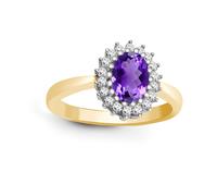 (L) Jewelco London 9ct Yellow Gold H I2 0.23ct Diamond and Oval Purple 0.7ct Amethyst Classic Royal Cluster Ring 11mm