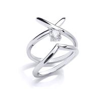 (L) Jewelco London Ladies Rhodium Plated Sterling Silver Cubic Zirconia Solitaire Crossover Kiss Wishbone Bridal Rings Set