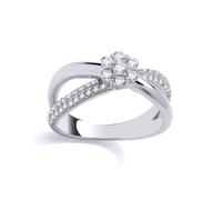 (L) Jewelco London Ladies Rhodium Plated Sterling Silver CZ Crossover Daisy Flower Eternity Dress Ring - GSR1018