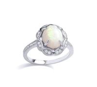 (L) Jewelco London Ladies Rhodium Plated Sterling Silver Rainbow Oval Opal CZ Scallop Edge Predator Solitaire Cocktail Ring - GVR883