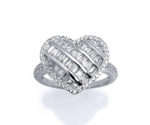 (L) Jewelco London Ladies Rhodium Plated Sterling Silver Round & Baguette CZ Shoulder-set 5-Row Halo Love Heart Cluster Ring - ARN146