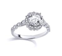 (L) Jewelco London Rhodium Plated Sterling Silver CZ Tudor Rose Flower Scalloped Halo Solitaire Engagement Ring - GSR1028