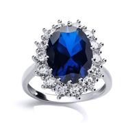 (L) Jewelco London Sterling Silver Sapphire-Blue Oval Cubic Zirconia Royal Princess Cluster Solitaire Engagement Ring - GVR668SAP