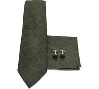 L&L 100% Wool Tweed 3 Pcs Set Tie + Pocket Square + Cufflinks (dark green)