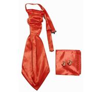 L&L® Adult Mens Satin Wedding Ruche Cravat Tie + handkerchief hanky +cuff links Set (Red orange)