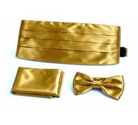 L&L Adult Pre-Tied Bowtie Adjustable Cummerbund and handkerchief Pocket Square 3 pcs Set Satin Plain Solid (Gold)
