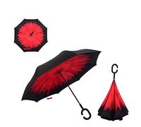 L&L® Double Layer C-Handle Inverted Upside Down Waterproof Reverse Umbrella UK (Red Flower)