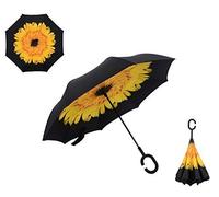 L&L® Double Layer C-Handle Inverted Upside Down Waterproof Reverse Umbrella UK (Yellow Flower)