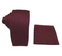 L&L® Men's Knit Knitted Tie + Pocket Square Hankerchief Set Hanky Woven UK (Wine red)