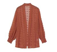 (L, lavender) Women Puff Long Sleeve Open Front Cardigan Lightweight Swiss-Dot Pompom Jacquard Chiffon Sheer Flowy Blouse Jackets Coat Brick red S