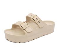 L LOUBIT Women Cloud Slides with Arch Support Pillow Soft Adjustable Buckle Platform Sandals Lightweight Summer Beach Slippers Non-Slip Shower Shoes, Khaki, 5 UK