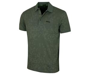 (L, Open Green) Hugo Boss Mens AO Zone Stretch Soft All-Over Print Golf Polo Shirt
