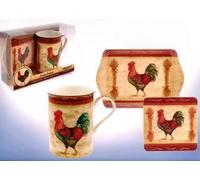 L&P Country Cockerel Mug and Coaster Tray Set in Presentation Box