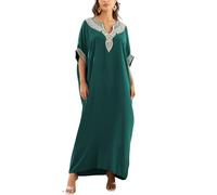 L-Peach Embroidery Side Split Turkish Kaftans Roomy Nightgown Beach Kaftan Dresses Bikini Bathing Suit Cover Ups A Green