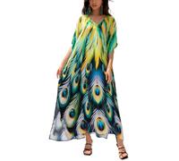 L-Peach Women Bohemian Kaftan Maxi Loungewear Nightgown Kimono Oversized Sleepwear Beach Dress Cover ups