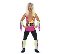 (L, Pink/Green/Black) Smiffys Mens Retro Wrestler Costume Set
