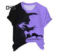 (L, purple) Women T-shirt Halloween Witch Shadow Print Casual Tee Round Neck Short Sleeve Spooky Witch Loose Fit Pullover Tops Daily Wear