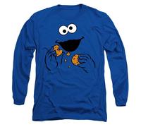 (L, Royal Blue) Sesame Street Unisex Adult Om Nom Cookie Monster Face Long-Sleeved T-Shirt
