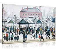 L.S Lowry Market Scene, Northern Town Painting Canvas Print Wall Art Picture Home Decor (24x16in)