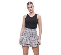 L S U Women High Waist Designer/Check Tartan Skirt Petite Skirt with Shirred Waist Layered Hem(S/M BEIG Check)