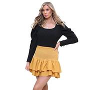 L S U Women High Waist Designer/Check Tartan Skirt Petite Skirt with Shirred Waist Layered Hem(S/M MSTD) Mustard