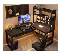 L Sd Solid Wood Desk Modern Cuter & Writing Desk for Home Office Bedroom Integrated Boohelf with Sto Corner Gaming Desk Black Right Side 140x1