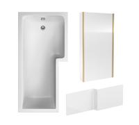 Balterley 1700 x 850mm L Shape Shower Bath with Leg Set, Brushed Brass Fixed Return Shower Screen & L Shaped Bath Panel, Right Hand Single Ended Gloss White Soaking Baths, Acrylic Baths (White)