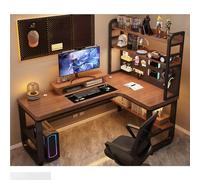 L Shape Desk Solid Wood Writing Desk Modern Computer Desk Bedroom Home Desktop Desk Bookshelf Integrated Desk With Storage Space Shelf Gaming Desk Corner Office Desk - Without Chairs(Walnut-right,140x