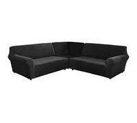 L Shape Sofa Cover Velvet Corner Sectional Couch Covers for Living Room Super Soft Stretch U Shaped Sofa Slipcover Anti Slip Pets Cat Furniture Protector (7 Seater, Black)