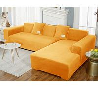 L Shape Velvet Plush Sofa CoverSuper Stretch Slipcover for Sectional Couch Elastic Bottom Furniture Protector for Living RoomGold2 Seater (145185cm)