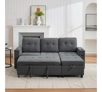 L-Shaped 3-Seater Sofa Bed with Hidden Storage, App-Controlled LED Light, Pull-Out Sofa for Compact Areas, 208L x 146W x 89.5H cm, Grey Aosom UK